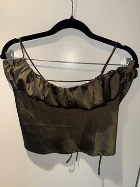 Olive Green Ruched Satin Cami Top with Adjustable Spaghetti Straps - Size Large